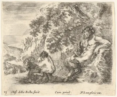 Plate 23: a satyr sitting against a tree to right and holding a flute in his right hand, a child playing with a goat to left, from "Diversi Capricci"