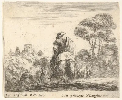 Plate 24: herdsman atop a horse, seen from behind, leads his cattle down a hill, a tower on a hill to left in the background, from "Diversi Capricci"