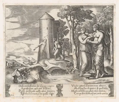 Plate 24: Venus and Psyche standing at right, pointing to the underworld at center, into which Psyche enters, from "The Story of Cupid and Psyche as told by Apuleius"