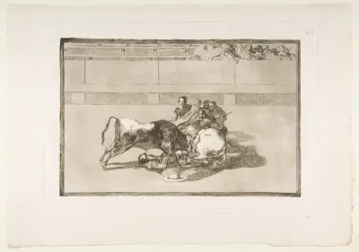 Plate 26 from "La Tauromaquia": A picador is unhorsed and falls under the bull