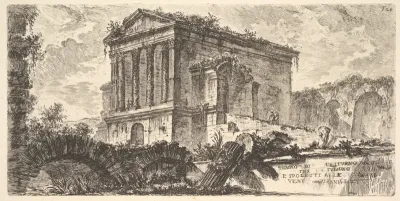 Plate 26: Temple of Clitumnus between Foligno and Spoleto... (Tempio di Clitumno tra Fuligno e Spoletti...), from "Alcune Vedute di Archi Trionfali ed altri monumenti inalzati da Romani parte di quali se veggono in Roma e parte per l'Italia" (Some Vi