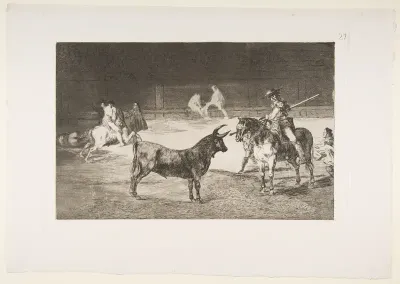Plate 27 from "La Tauromaquia": The celebrated picador, Fernando del Toro, draws the fierce beast on with his pike