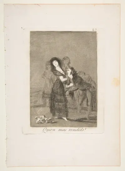 Plate 27 from "Los Caprichos": Which of them is the more overcome? (Quien mas rendido?)