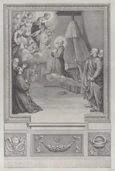 Plate 27: The female personification of Fortitude, holding a pillar and stroking a lion, from "Galeria nel Palazzo Farnese in Roma ... dipinta da Annibale Caracci"