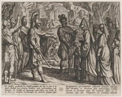 Plate 28: Cologne Troops Bring Civilis' Wife and Sister to Cerialis, from "The War of the Romans Against the Batavians" (Romanorvm et Batavorvm societas)