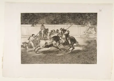Plate 28 of "La Tauromaquia": The forceful Rendon stabs a bull with the pique, from which pass he died in the ring at Madrid