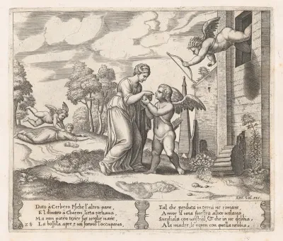 Plate 28: Psyche, wanting to appear more beautiful opens the box, as Cupid arrives in the upper right, and at left his arrow pierces Psyche, who has fallen to the ground, from "The Story of Cupid and Psyche as told by Apuleius"