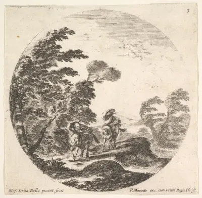 Plate 3: a gale in the forest, two horsemen wrapped in their cloaks, the wind blowing, from "Roman landscapes and ruins" (Paysages et ruines de Rome)