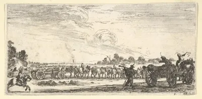 Plate 3: a procession of horse-drawn cannons, riding to the right, a horse-drawn cannon to the right seen from the back, from "Troops, cannons, and attacks on towns" (Dessins de quelques conduites de troupes, canons, et ataques de villes)