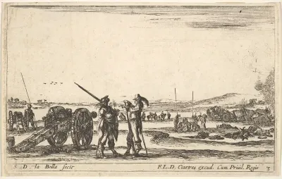 Plate 3: An officer giving orders to a soldier in centre foreground, cannon at left, from "Various Military Caprices" (Varii capricci militari)