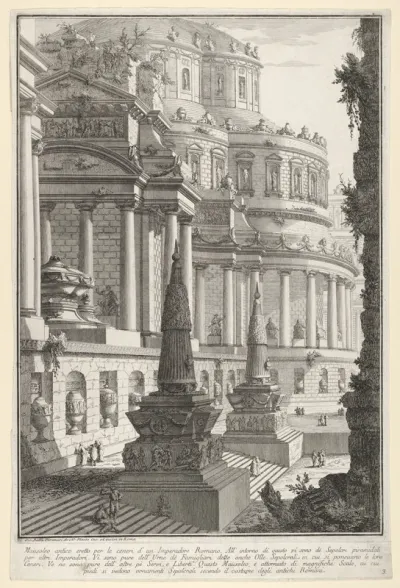 Plate 3: Ancient mausoleum erected for the ashes of a Roman emperor (Mausoleo antico eretto per le ceneri d'un imperadore romano), from "Part one of architecture and perspectives: drawn and etched by Gio. Batt'a Piranesi, Venetian Architect: dedicate