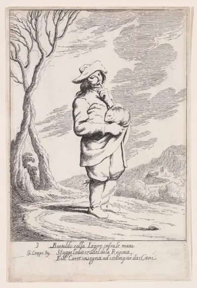 Plate 3: Bertoldo holding a hare in his hand, from "Bertoldo, Bertoldino, and Cacasenno"