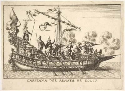Plate 3: Captain of the army of Chalchis (Capitana del armata de Colco), from "The magnificent pageant on the river Arno in Florence for the marriage of the Grand Duke" (Le Magnifique carousel fait sur le fleuve de l'Arne a Florence, pour le mariage 