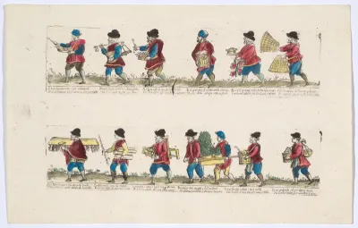 Plate 3 depicting the trades of Rome, here including vendors of flowers, chairs, basil etc, from the 'Descrición de las artes que se llaman para los calles de la ciudad de Roma'