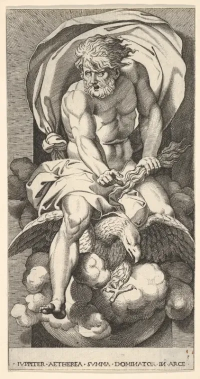 Plate 3: Jupiter emerging from a niche, riding an eagle and holding a thunderbolt in his left hand, from "Mythological Gods and Goddesses"