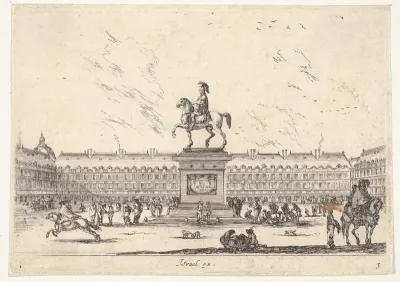 Plate 3: La Place Royale, equestrian statue of Louis XIII in profile facing the left in center, various horsemen and figures in background, from "Various Figures" (Agréable diversité de figures)