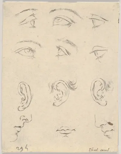 Plate 3: Six eyes, three ears, two profiles, and a mouth, from "The Book for Learning to Draw" (Livre pour apprendre à dessiner)