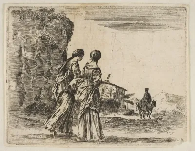 Plate 3: two girls walking towards the right, seen from behind, a woman on a horse to right in background, from "Diversi capricci"