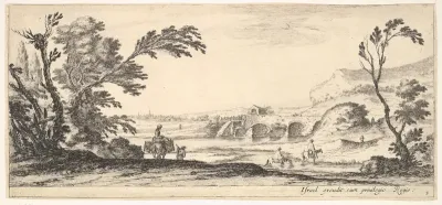 Plate 3: two horsemen crossing a river to right, a woman with two baskets atop a donkey to left, trees to the left and right, a bridge in the background, from "Various Landscapes" (Divers Paysages)