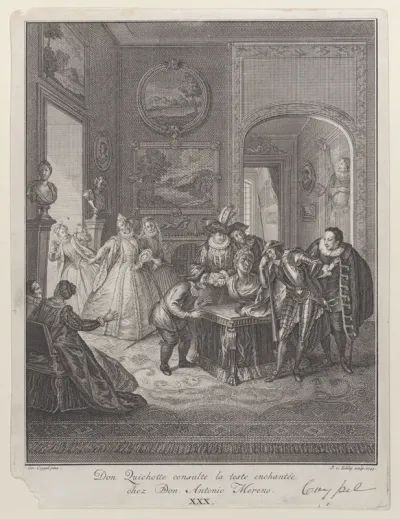 Plate 30: Don Quixote consults the enchanted head at Don Antonio Moreno's house (Don Quichotte consulte la teste enchantée chez Don Antonio Mereno)