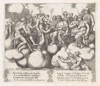 Plate 30: Venus and Cupid pleading their case before Jupiter and other Gods with Mercury transporting Psyche to the heavens at lower right, from "The Story of Cupid and Psyche as told by Apuleius"