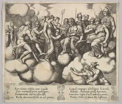Plate 30: Venus and Cupid pleading their case in the presence of Jupiter and other Gods, from "The Fable of Cupid and Psyche"