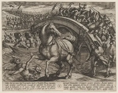 Plate 31: Civilis Forced to Dismount and Swim Across the River, from "The War of the Romans Against the Batavians" (Romanorvm et Batavorvm societas)