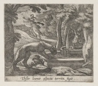 Plate 31: Thisbe Running from the Lionness at the Well (Thisbe leaenae spectu territa fugit), from Ovid's 'Metamorphoses'
