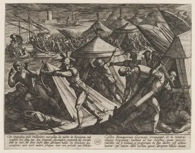 Plate 32: Dutch and Germans Atttack the Roman Camp and Capture Cerialis' Boat, from "The War of the Romans Against the Batavians" (Romanorvm et Batavorvm societas)