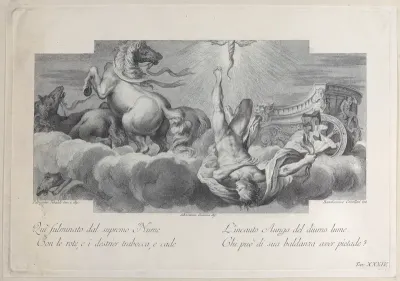 Plate 34: Auriga, the charioteer, falls from the chariot at center, with three horses at left