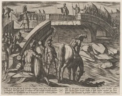 Plate 36: Civilis and Cerialis Meet on a Broken Bridge to Reach an Accord, from "The War of the Romans Against the Batavians" (Romanorvm et Batavorvm societas)
