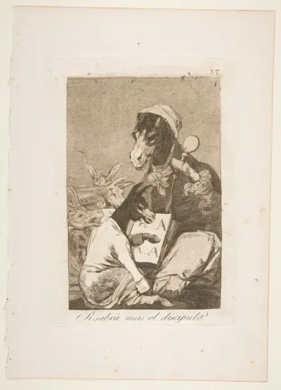 Plate 37 from "Los Caprichos": Might not the pupil know more? (Si Sabrá mas el discipulo?)