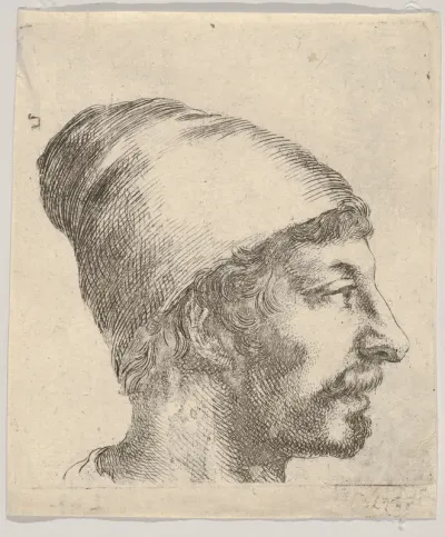 Plate 38: Head of a man with a moustache and cap, facing right in profile, from "Various Portraits" (Recueil de diverses pièces servant à l'art de portraiture)