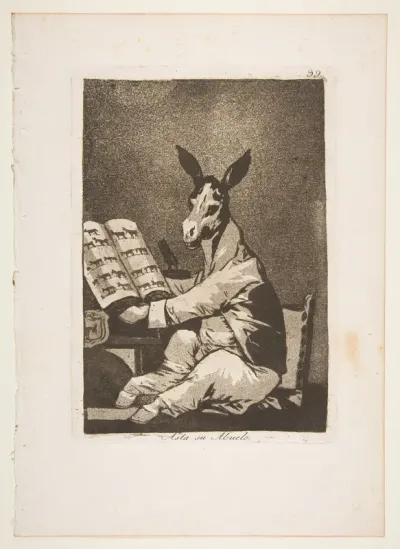 Plate 39 from "Los Caprichos": And so was his grandfather (Asta su Abuelo)