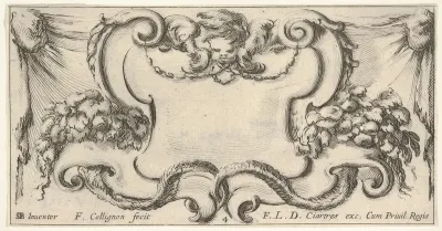 Plate 4: a cartouche with the head of a cherub at top center, leaves and flowers to either side, from "Twelve cartouches" (Recueil de douze cartouches)