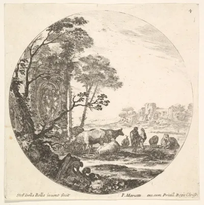 Plate 4: a Corinthian capital on the ground, a monument with figures in low relief, various animals and two shepherds, from "Roman landscapes and ruins" (Paysages et ruines de Rome)