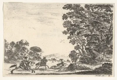Plate 4: a deer hunt, two horsemen galloping towards the left behind three dogs and a deer, a group of trees to right, from "Various Figures" (Agréable diversité de figures)