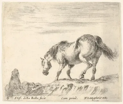 Plate 4: a horse in profile facing the left, about to descend from a mound, a horseman to left in background, from "Diversi Capricci"