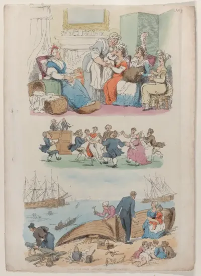 Plate 4: A Lying-in Visit, A Round Dance, from "World in Miniature"