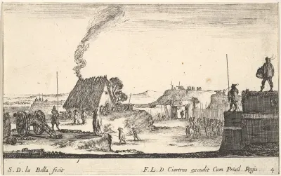 Plate 4: A military encampment with a soldier standing on a parapet to the right beating a drum, from "Various Military Caprices" (Varii capricci militari)