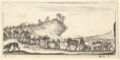 Plate 4: a procession of cannons and horses riding uphill towards the left, a dog at lower left, from "Troops, cannons, and attacks on towns" (Dessins de quelques conduites de troupes, canons, et ataques de villes)