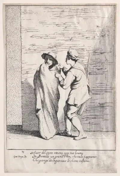 Plate 4: Bertoldo stuffed in a sack, from "Bertoldo, Bertoldino, and Cacasenno"