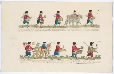 Plate 4 depicting the trades of Rome, here including vendors of shrimps, Spanish olives, herbs etc, from the 'Descrición de las artes que se llaman para los calles de la ciudad de Roma'