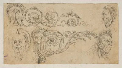 Plate 4: five grotesque heads, from "Friezes, foliage, and grotesques" (Frises, feuillages et grotesques)