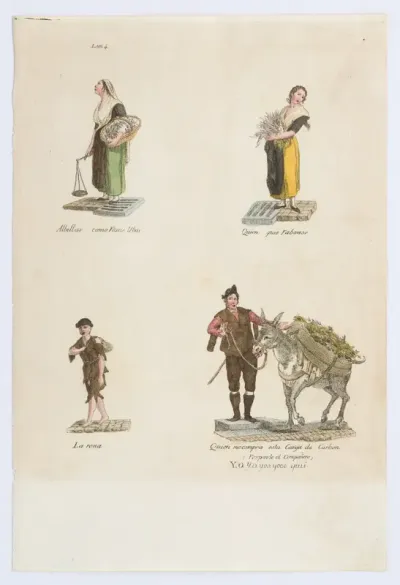 Plate 4: four street vendors from Madrid selling Albillas, radishes, carbon, from 'Los Gritos de Madrid' (The Cries of Madrid)
