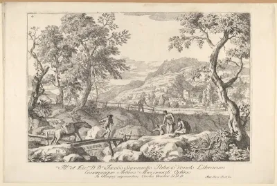 Plate 4: Landscape with man leading a pack horse across a wooden bridge, three figures in right foreground, the silhouette of a man standing at a fence beyond, from "Landscapes"