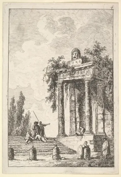 Plate 4: remains of a classical monument to right surmounted by a mask and tablet, a figure sitting on the porch, four figures on a staircase to left, four milestones below, from "Les soirées de Rome"