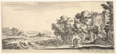 Plate 4: two pilgrims observing ruins to right, one pointing towards the right, a shepherd and a herd of cattle in center background, from "Various Landscapes" (Divers Paysages)