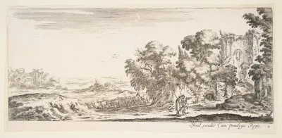 Plate 4: two pilgrims observing ruins to right, one pointing towards the right, a shepherd and a herd of cattle in center background, from 'Various landscapes' (Divers paysages)