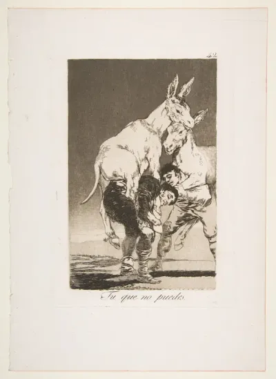 Plate 42 from "Los Caprichos": Thou who canst not (Tu que no puedes)